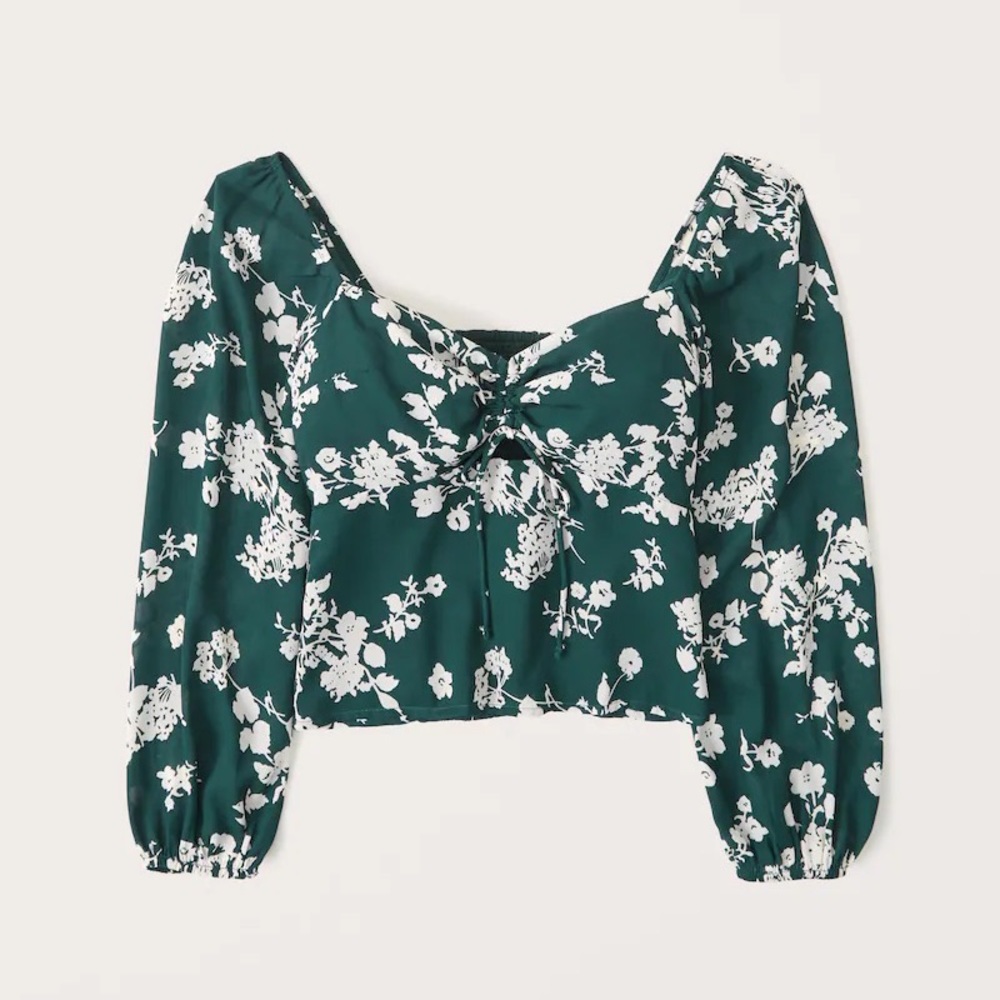 Abercrombie & Fitch Long-Sleeve Cinched Front Cutout Top in green white floral - Picture 1 of 4